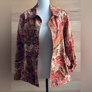 Alia Size 16 Petites fall jacket colorful abstract floral print in earth tones.